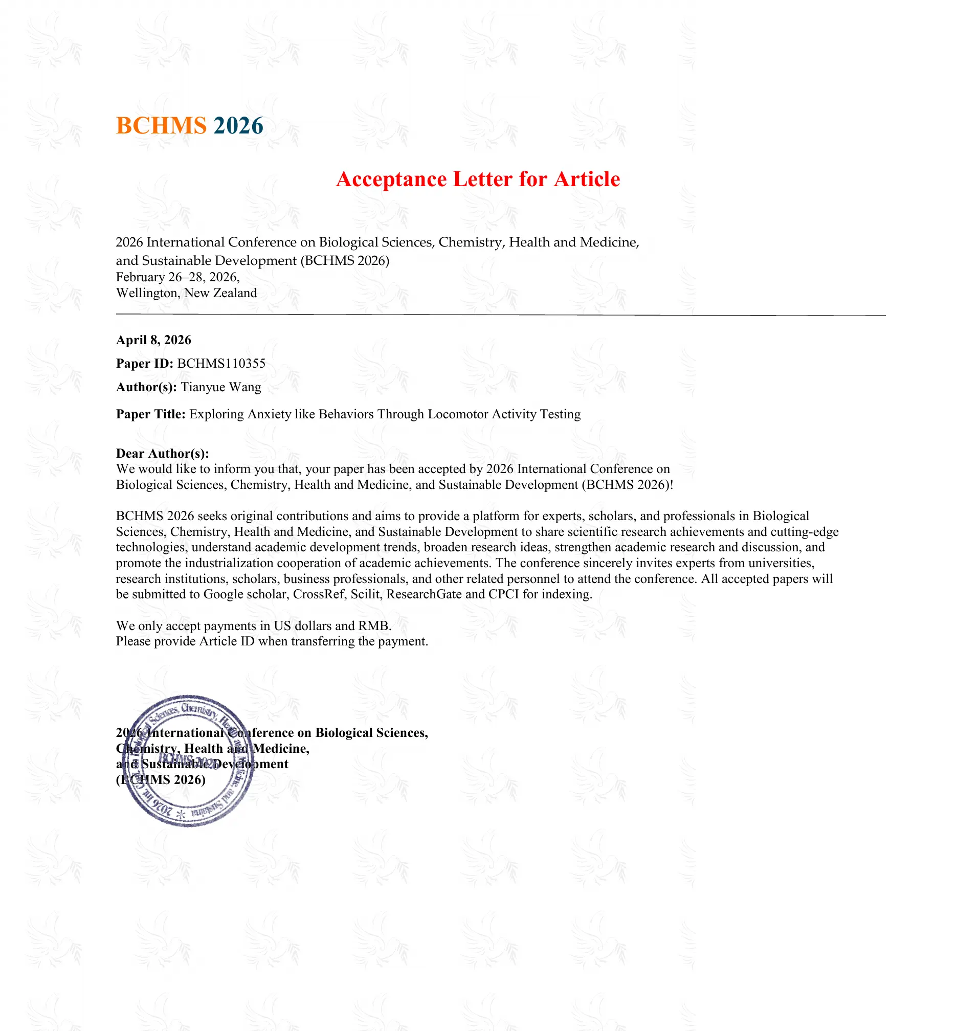 BCHMS 2026 acceptance letter
